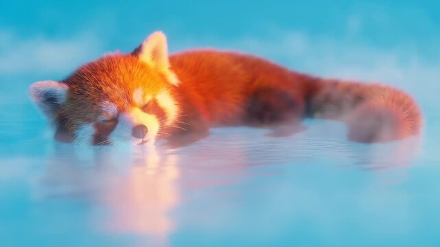 Adorable red panda sleeping peacefully in serene blue water, a fluffy tail floats gently
