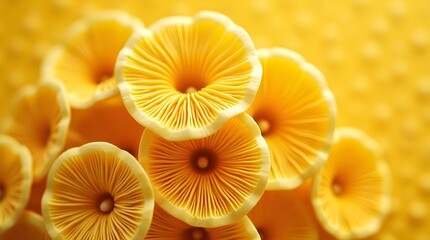 A digitally enhanced macro photograph of mushroom gills, rendered in warm yellow and golden tones, showcasing an abstract, smooth, and radiant organic pattern.