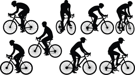 Fototapeta premium Set of diverse cyclist silhouettes in motion on bicycles against white background bike cycling