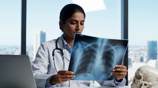 Female doctor examining xray image in medical office
