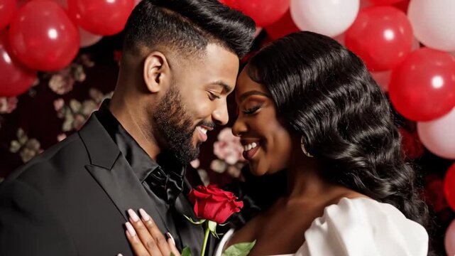 A radiant couple shares a tender and affectionate moment, gazing into each other's eyes with genuine happiness and warmth. The man, elegantly dressed in a suit, holds a vibrant red rose, symbolizing l