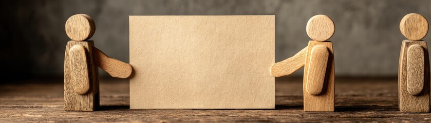 Two wooden figures hold a blank sign together against a textured background, collaboration and communication, human resource management