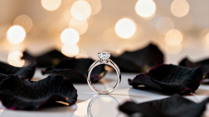 A sparkling diamond engagement ring takes center stage, exquisitely poised on a sleek, reflective white surface. Surrounding the precious jewelry are scattered dark rose petals, adding a touch of soph