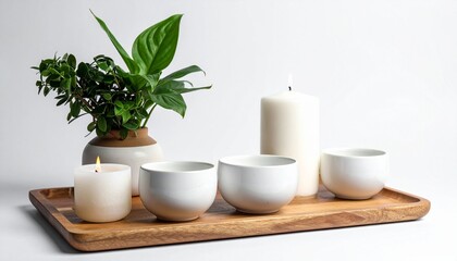   
Wooden Tray with Lit Candles, Ceramic Cup, and Monstera Leaf on White Background