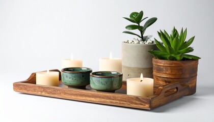   
Wooden Tray with Lit Candles, Ceramic Cup, and Monstera Leaf on White Background
