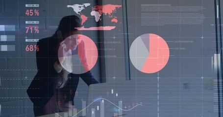 Animation of data processing over caucasian businesswoman at office - Powered by Adobe