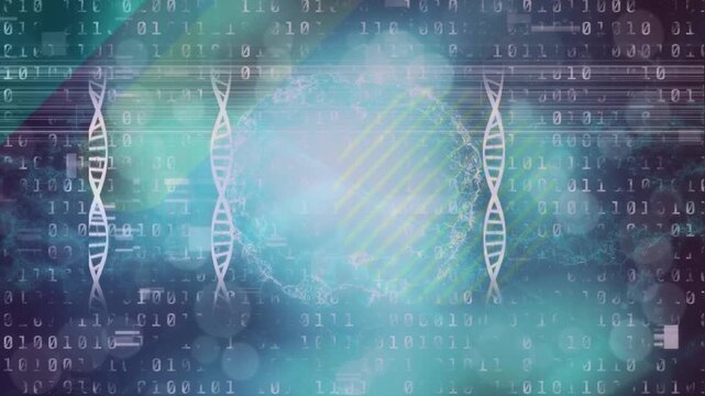 Animation of dna over binary code and brain on navy background