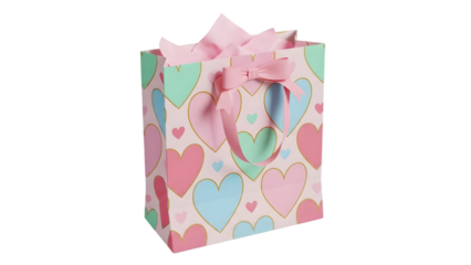 Colorful heart patterned gift bag with pink bow