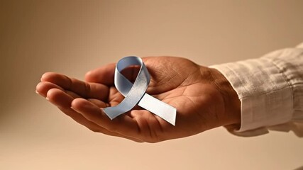 Hand holding a blue awareness ribbon for prostate cancer