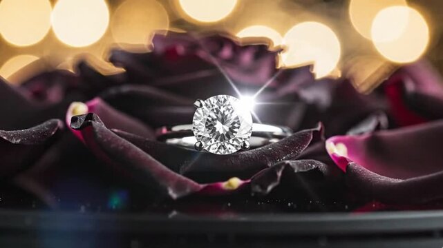 A stunning, brilliant diamond ring, possibly an engagement or wedding band, is exquisitely presented amidst a bed of rich, dark flower petals, creating a sense of luxury and romance. The magnificent g