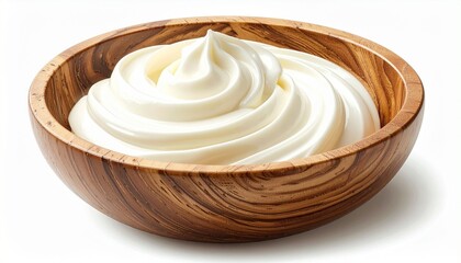 Rustic Wooden Bowl with Thick White Yogurt or Sour Cream