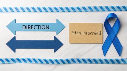 Blue Ribbons and Arrows with Directional Signs and Informative Notes on a Marble Background for Awareness and Guidance