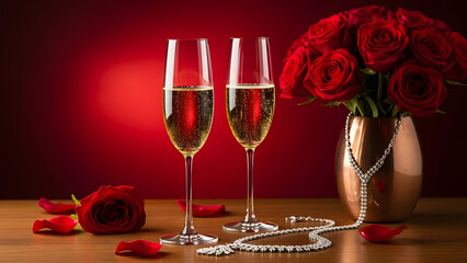 Happy valentine's day romantic setup with champagne glasses and roses