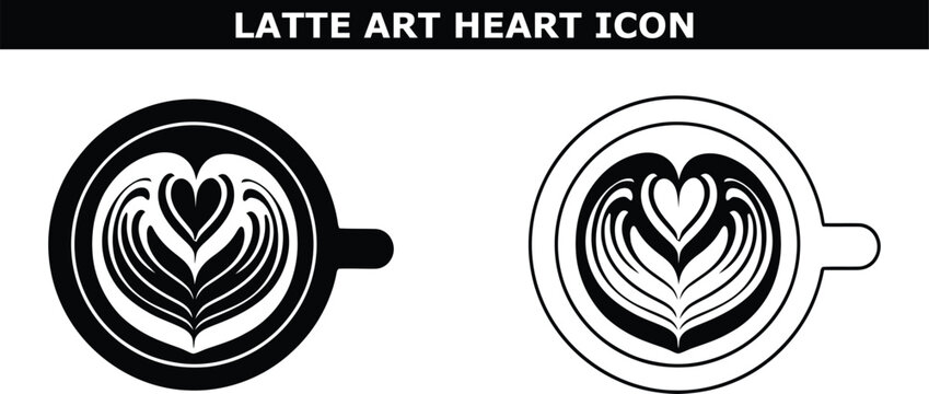 A black and white illustration of a latte art heart icon in a coffee cup