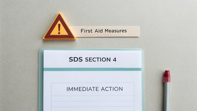 Caution Sign for First Aid Measures on Hazard Communication Document and Pen on Neutral Background