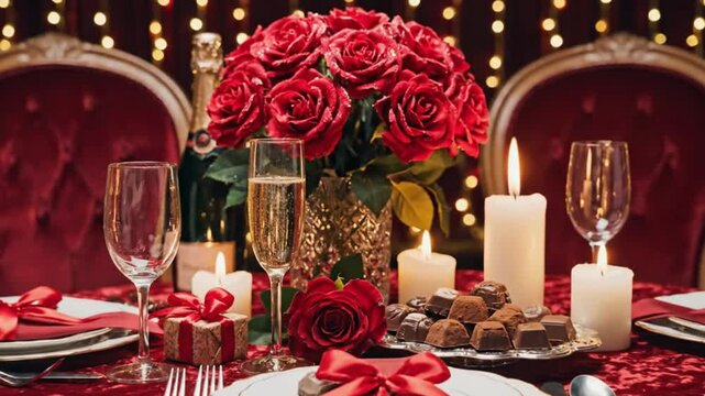 An exquisite and intimate table setting bathed in warm, romantic light, perfect for a special celebration. A centerpiece of vibrant red roses takes pride of place, surrounded by flickering white pilla