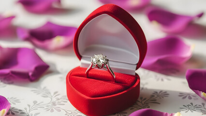 Happy valentine's day diamond ring in red velvet box with rose petals