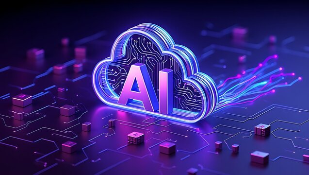 Futuristic AI cloud computing concept with neon lights and circuit board - Powered by Adobe