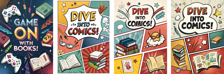 Creative posters announcing a graphic novel book fair with gaming and comic themes