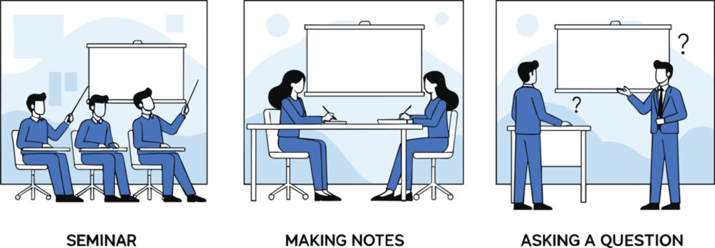 Business seminar and training illustration showing presentation note taking and asking questions teamwork vector design