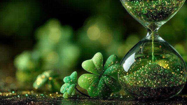 Saint patrick day in the future. Glittery green hourglass and shamrocks.