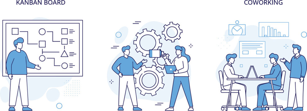 Agile project management illustration showing kanban board teamwork and coworking collaboration workflow vector design