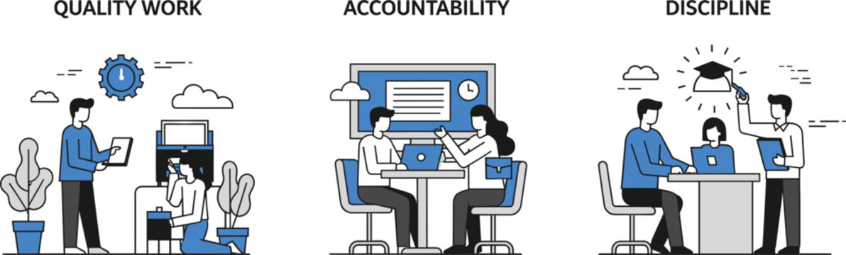 Work ethics and corporate values illustration showing quality work accountability and discipline teamwork vector design