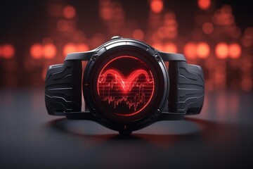 Smartwatch showing a red heart icon and ecg waveform in a dark setting