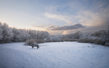 Naklejka premium Winter horizontal landscape with snow, a bench and a plane