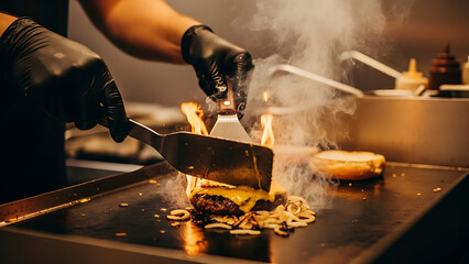 Sizzling burger on grill with flames and smoke
