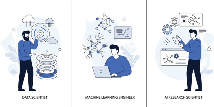 Artificial intelligence professional roles illustration showing data scientist machine learning engineer and AI researcher vector