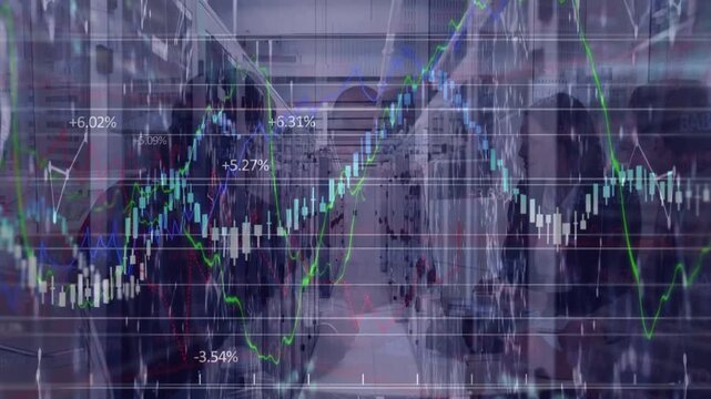 Animation of financial data processing over diverse unk financial data and graphs and servers