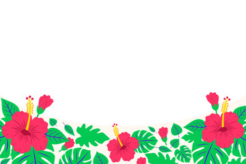 Horizontal summer background with a decorative bottom footer of vivid hibiscus and monstera leaves. Flat vector floral template with copy space for beach party posters and advertisements.