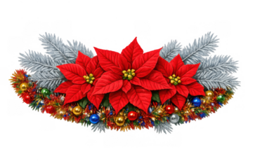 Red poinsettia flowers forming a festive christmas border with silver fir branches, colorful ornaments, and sparkling tinsel, transparent background