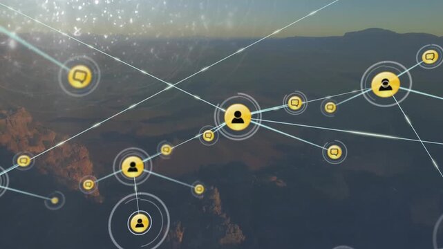 Animation of network of connections with icons over gloving lights on dark background