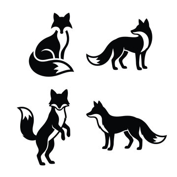 Four black silhouette illustrations depicting different fox poses and angles
