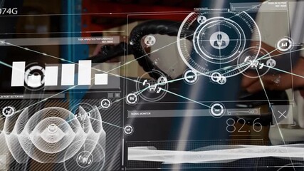 Animation of data processing over caucasian male worker in warehouse - Powered by Adobe