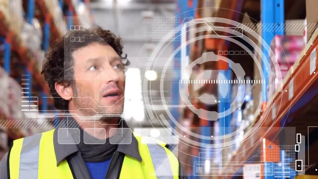 Animation of binary code over people working in warehouse - Powered by Adobe