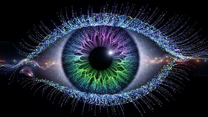 Futuristic Digital Eye with Neural Network Fibers Representing AI and Biometric Scanning