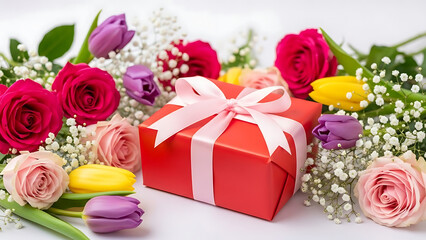Red gift box surrounded by colorful flowers on white background, 8 March, St.Valentine's Day, 14 February, birthday girl