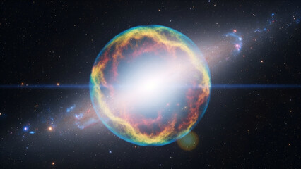 Fototapeta premium A breathtaking cosmic explosion with vibrant colors illuminates the deep space, showcasing a dramatic supernova remnant and the powerful forces of stellar evolution within the galaxy