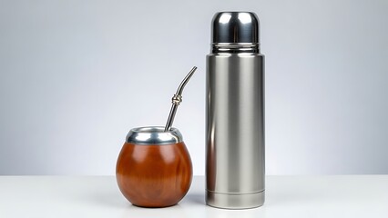 Traditional south american mate gourd and thermos on white background, perfect for drinking yerba mate