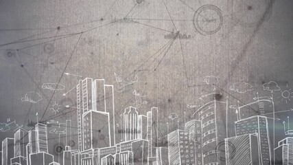 Animation of purple shape over network of connections and data processing against city sketch - Powered by Adobe