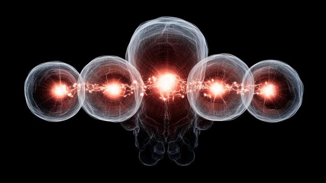 Brain CT showing active prefrontal cortex concept. Visual representation of neural activity with glowing spheres and interconnected pathways.