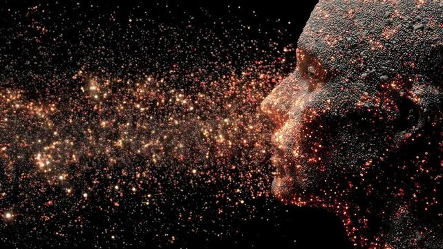 Brain CT showing active prefrontal cortex concept. Abstract visualization of neural activity with particles and light effects.