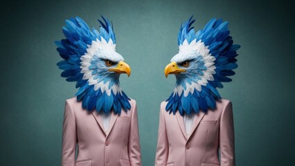 Surreal eagle-headed men in pink suits