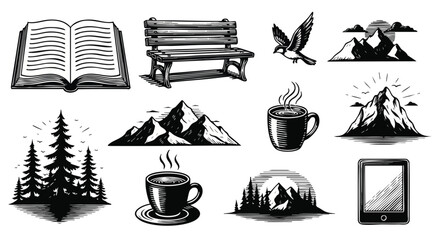 Collection of hand-drawn illustrations featuring nature, relaxation, and learning elements like books, mountains, and coffee cups.