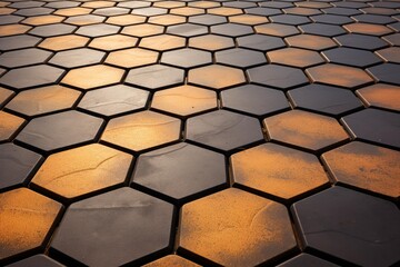 Hexagonal pavement tiles creating a geometric mosaic texture with warm sunlight