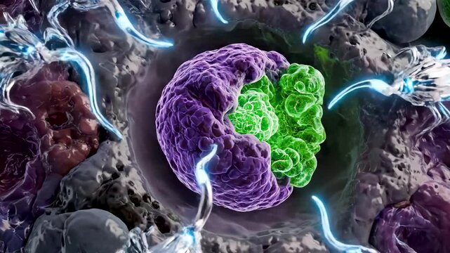Nanobot swarm navigating the human bloodstream, repairing damaged cells and tissue in real-time, with dynamic color changes reflecting cellular health