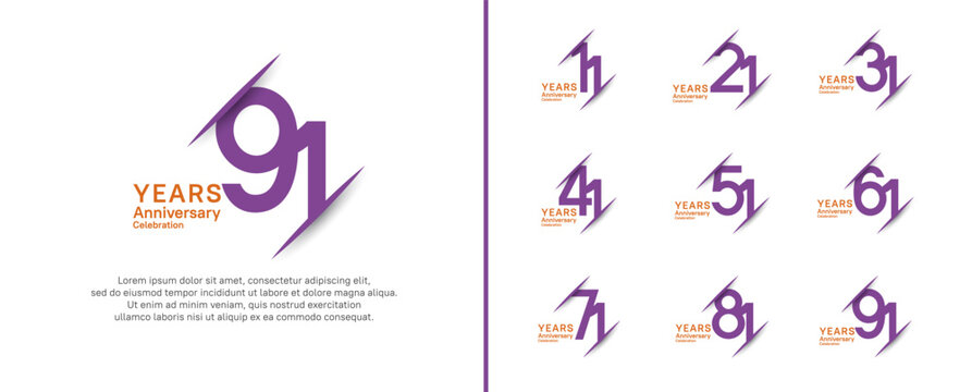 set of anniversary logo style with slash. vector design purple and orange color for celebration